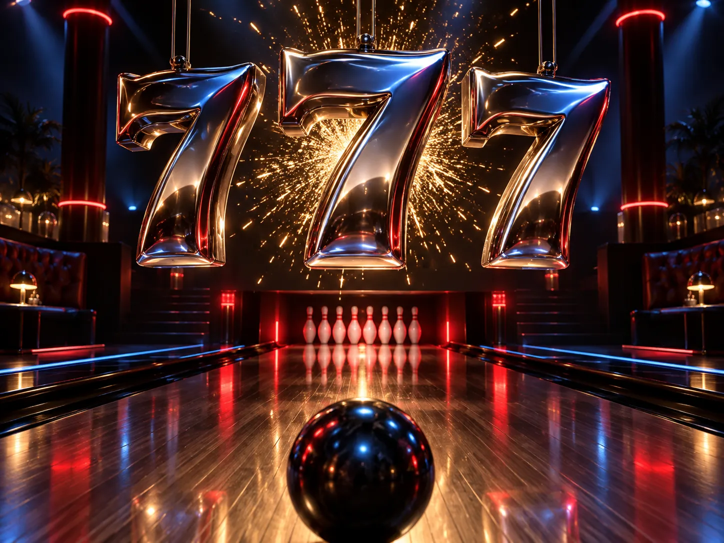 Chrome seven sculptures over a dark illuminated lane