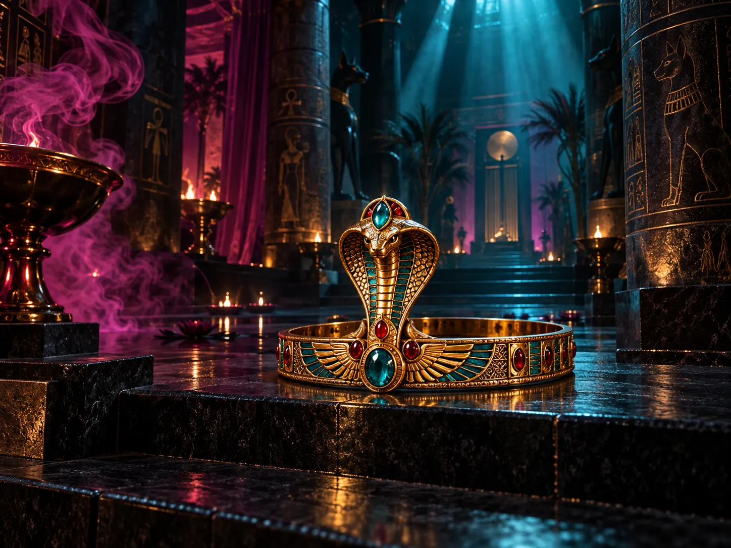 Jeweled gold asp crown inside a midnight temple