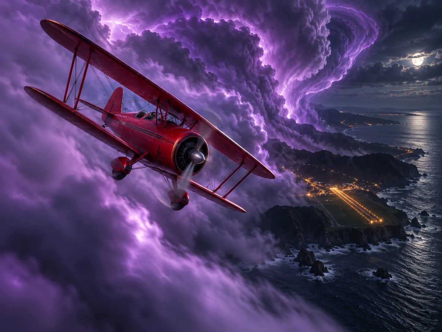 Red biplane banking through violet storm clouds