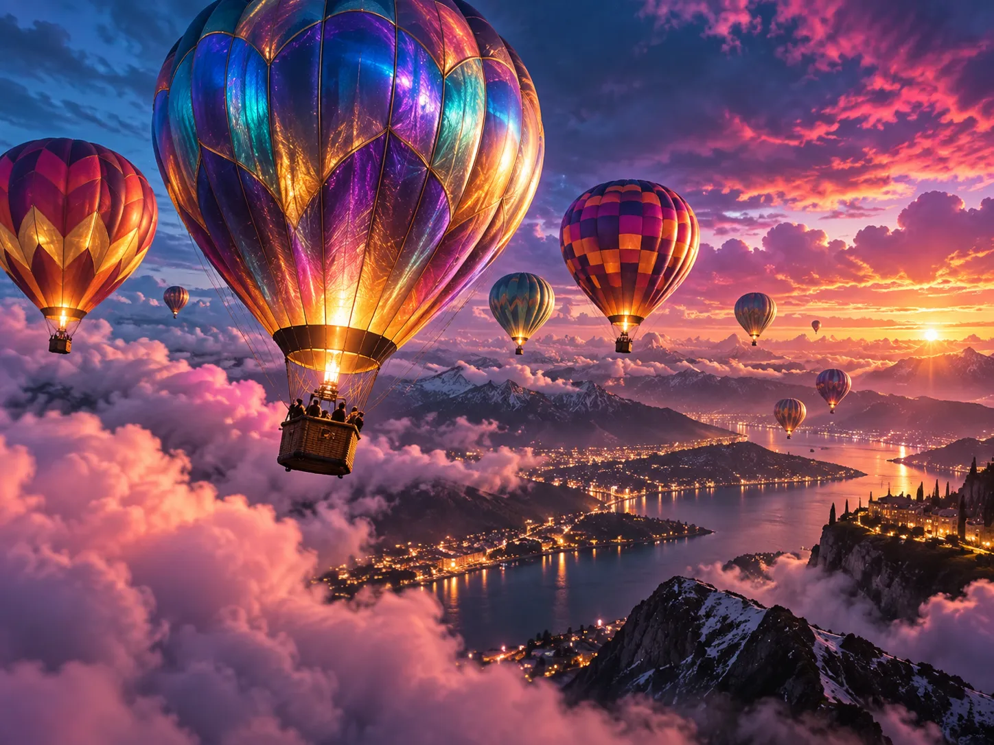 Jewel-toned balloons racing above neon clouds