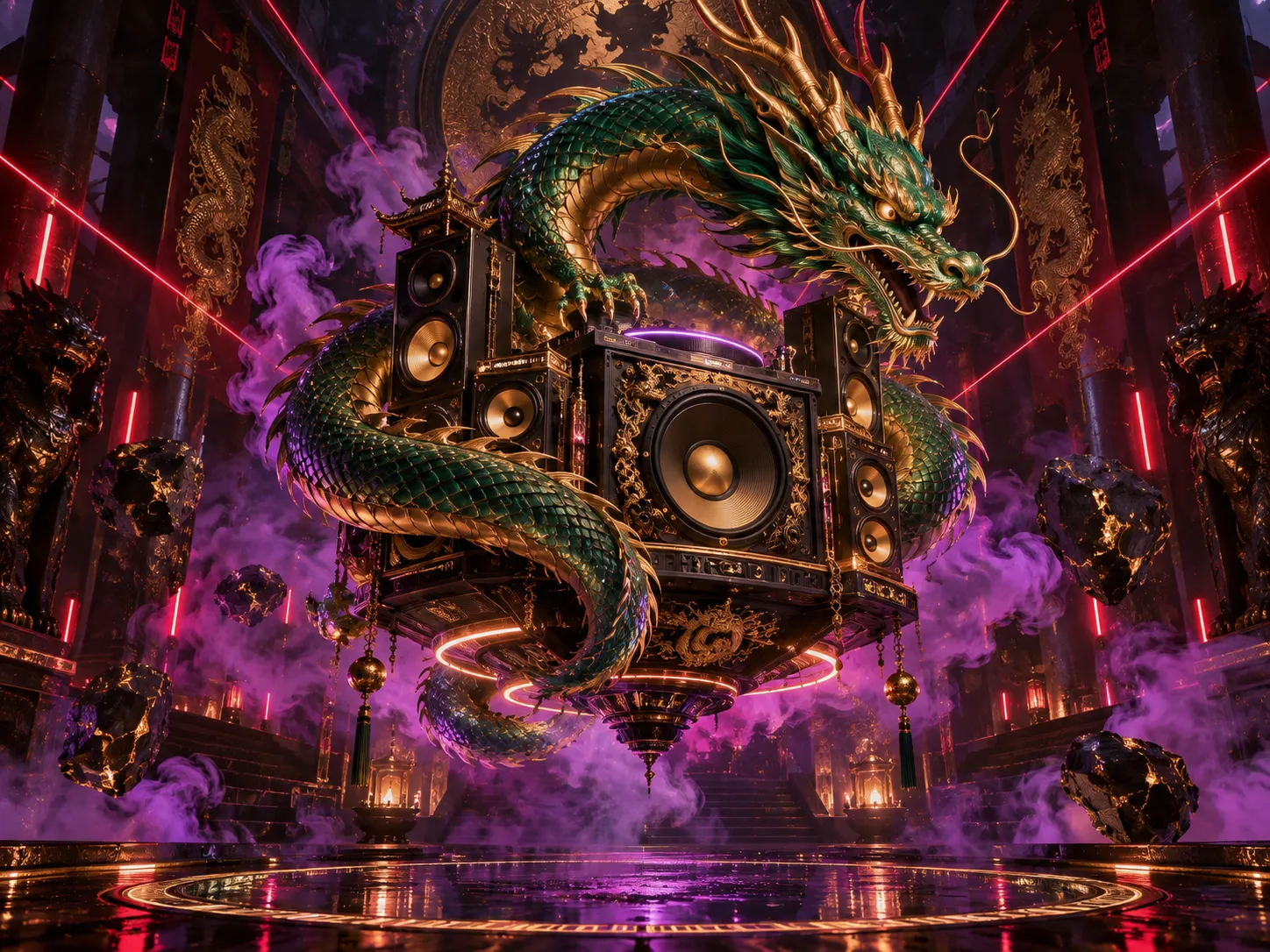 Jade dragon wrapped around a futuristic sound relic