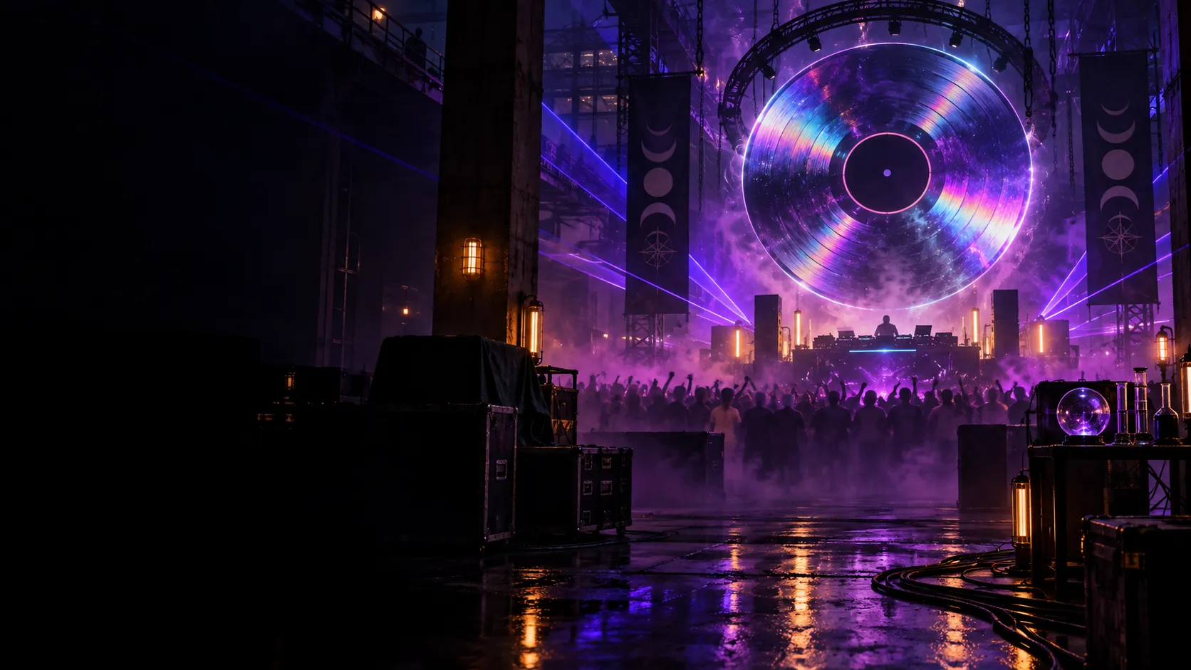 Underground warehouse rave with a monumental iridescent record portal