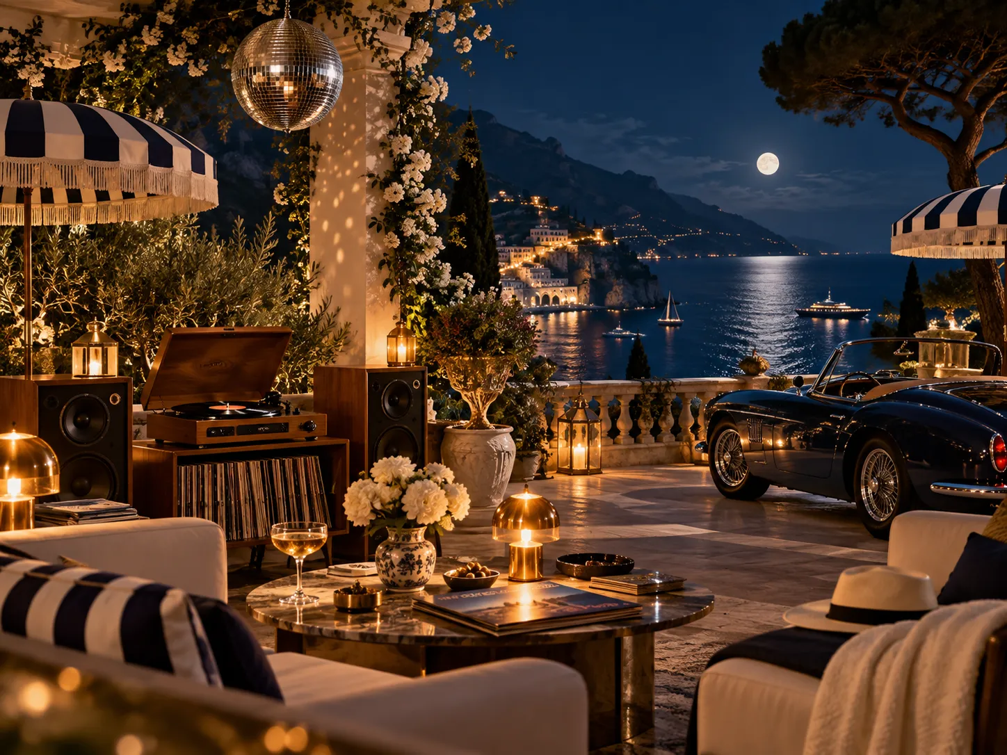 Nighttime Italian Riviera terrace with a vintage car and record player