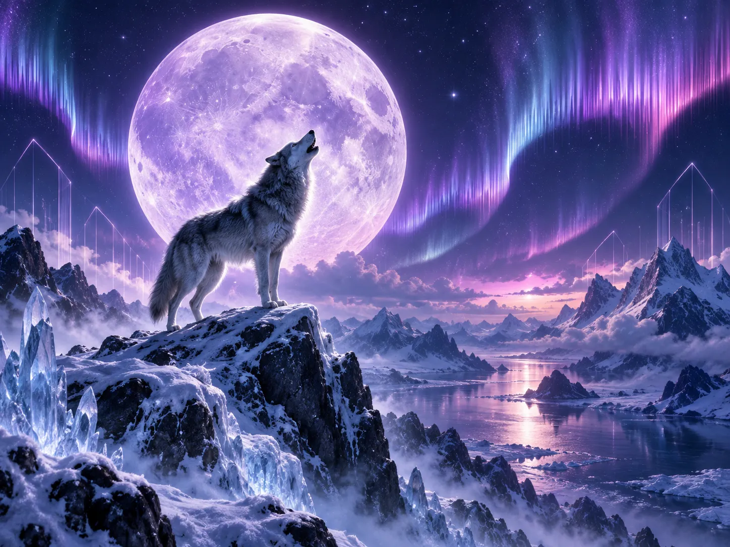 Silver wolf beneath an enormous lavender moon