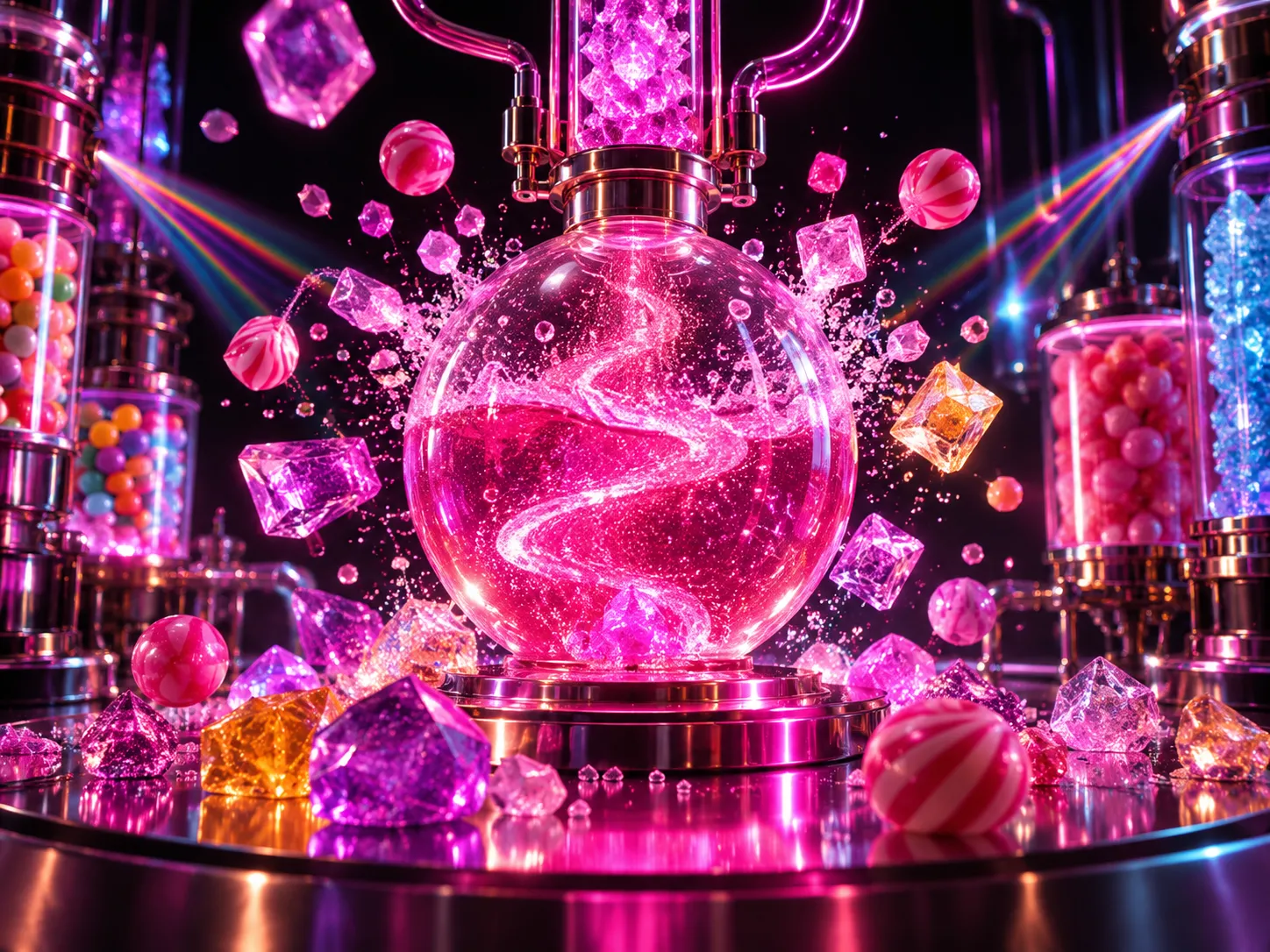 Candy crystals erupting inside a neon laboratory
