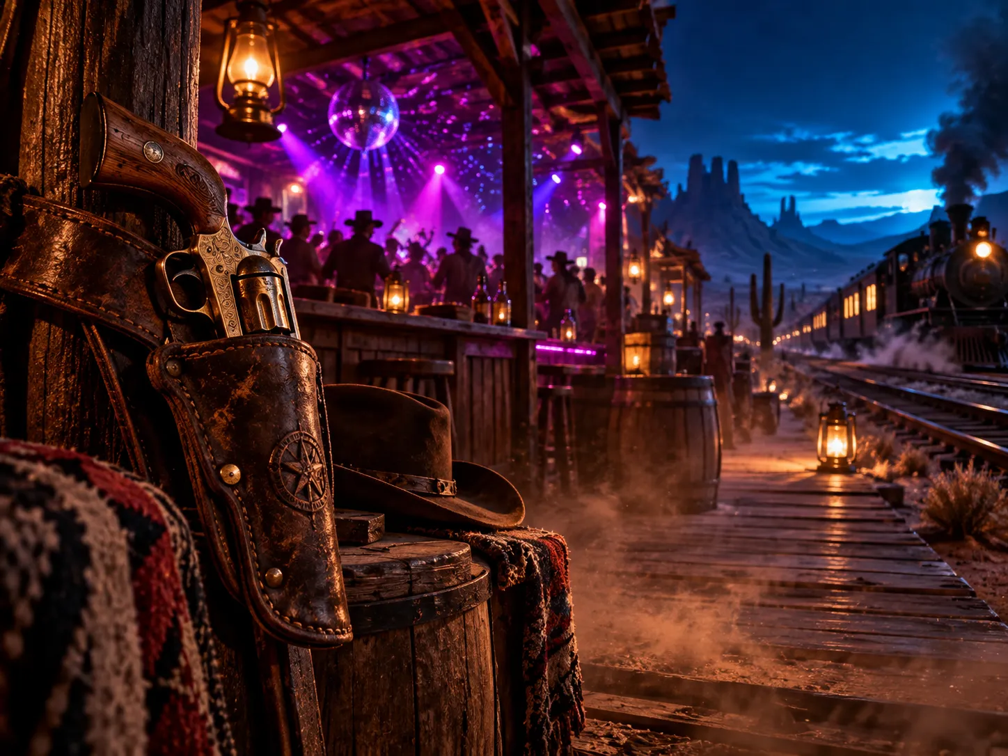 Neon Western saloon beside a night train
